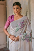 Purple & White Muga Cotton Saree With Blouse Piece