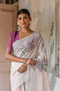 Purple & White Muga Cotton Saree With Blouse Piece