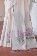 Purple & White Muga Cotton Saree With Blouse Piece