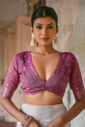 Purple & White Muga Cotton Saree With Blouse Piece