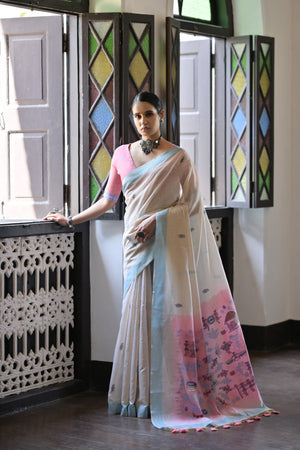 Muga Cotton Saree Featuring Beautiful Kalamkari Thread Weaving