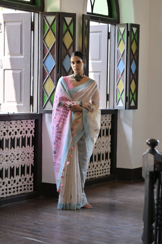 Muga Cotton Saree Featuring Beautiful Kalamkari Thread Weaving