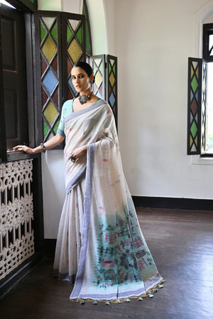 Muga Cotton Saree Featuring Beautiful Kalamkari Thread Weaving
