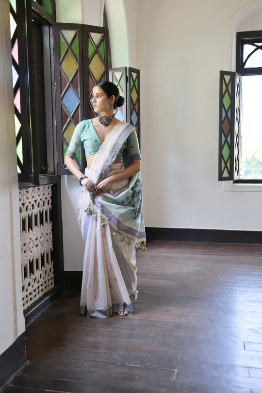 Muga Cotton Saree Featuring Beautiful Kalamkari Thread Weaving