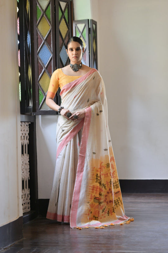 Muga Cotton Saree Featuring Beautiful Kalamkari Thread Weaving
