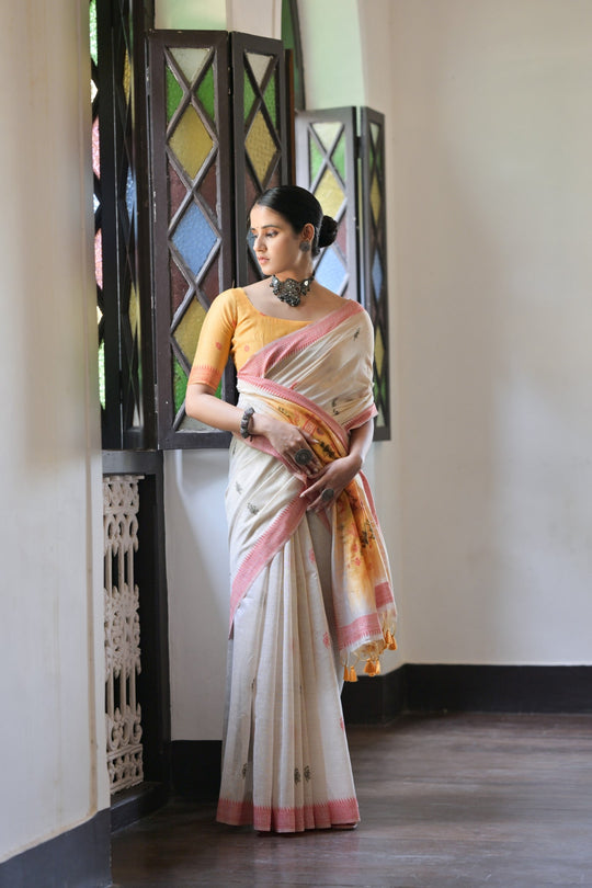 Muga Cotton Saree Featuring Beautiful Kalamkari Thread Weaving