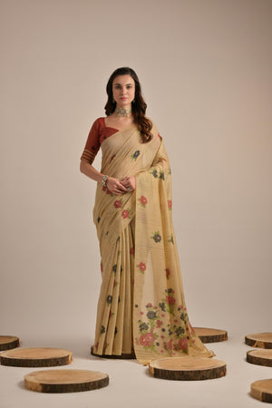 Muga Cotton Saree Featuring Beautiful Floral Thread Weaving