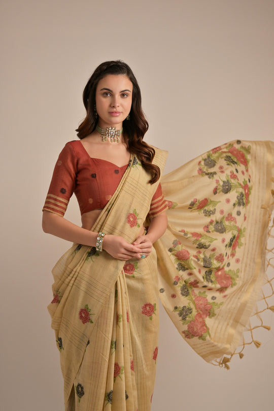 Muga Cotton Saree Featuring Beautiful Floral Thread Weaving