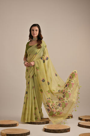 Muga Cotton Saree Featuring Beautiful Floral Thread Weaving
