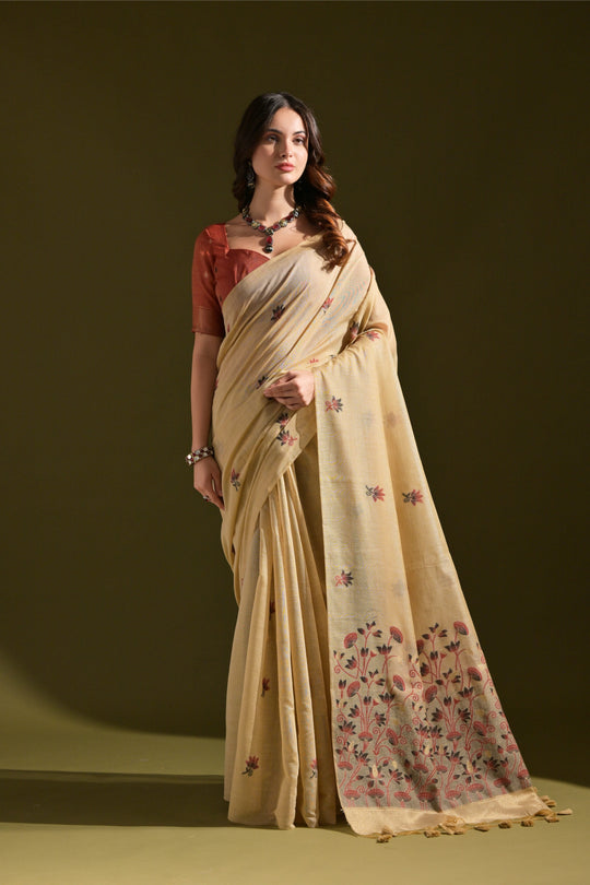 Muga Cotton Saree Featuring Beautiful Floral Thread Weaving