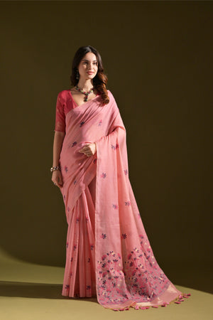 Muga Cotton Saree Featuring Beautiful Floral Thread Weaving
