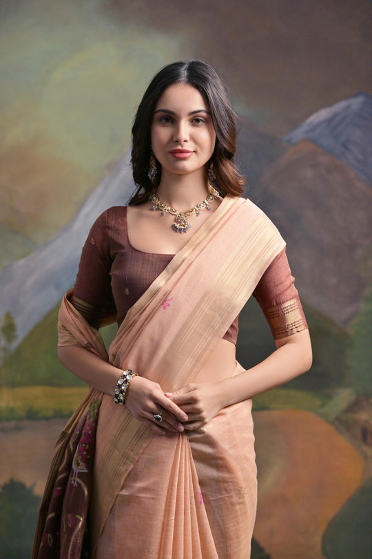 Muga Cotton Saree Featuring Beautiful Thread Weaving