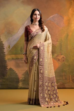 Muga Cotton Saree Featuring Beautiful Thread Weaving