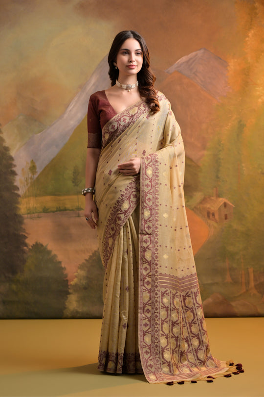 Muga Cotton Saree Featuring Beautiful Thread Weaving