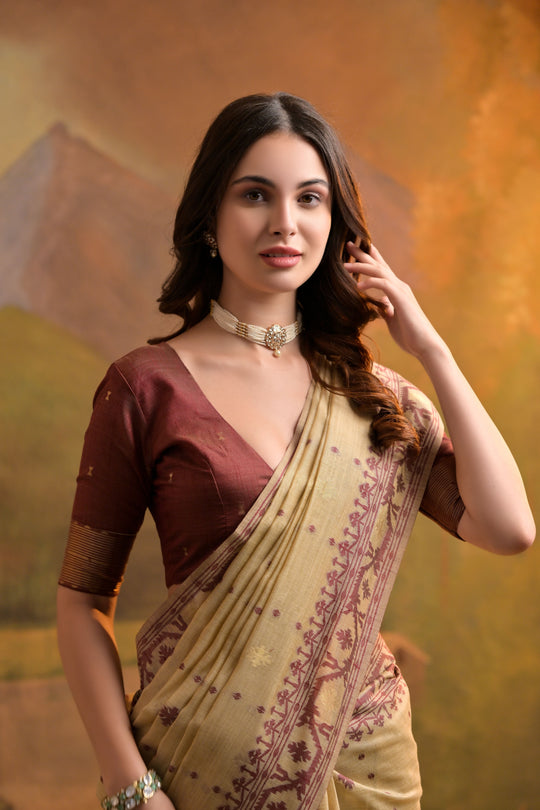 Muga Cotton Saree Featuring Beautiful Thread Weaving