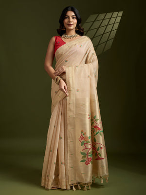Muga Cotton Saree Featuring Beautiful Floral Thread Weaving