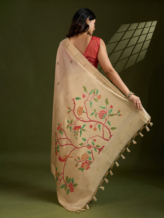 Muga Cotton Saree Featuring Beautiful Floral Thread Weaving