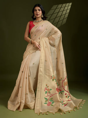 Muga Cotton Saree Featuring Beautiful Floral Thread Weaving