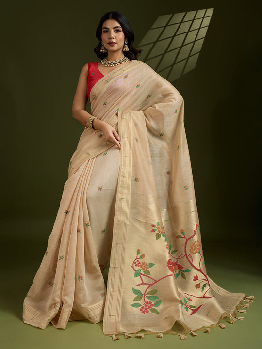 Muga Cotton Saree Featuring Beautiful Floral Thread Weaving