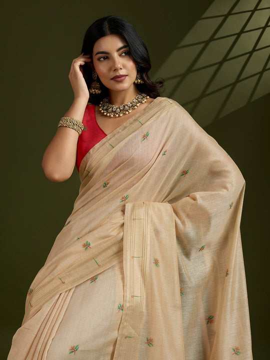 Muga Cotton Saree Featuring Beautiful Floral Thread Weaving