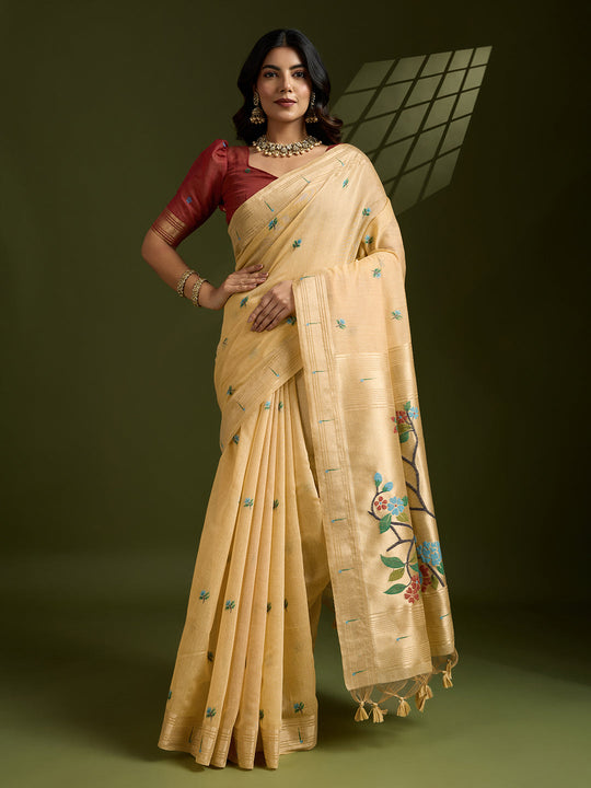 Muga Cotton Saree Featuring Beautiful Floral Thread Weaving