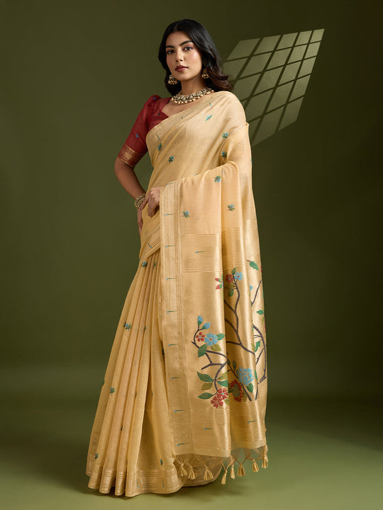 Muga Cotton Saree Featuring Beautiful Floral Thread Weaving