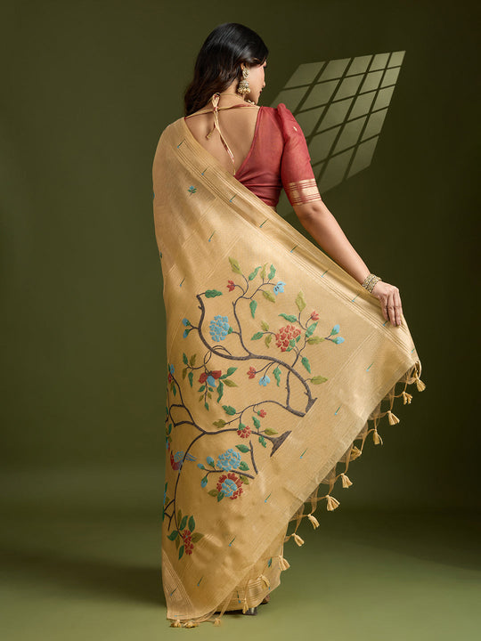Muga Cotton Saree Featuring Beautiful Floral Thread Weaving