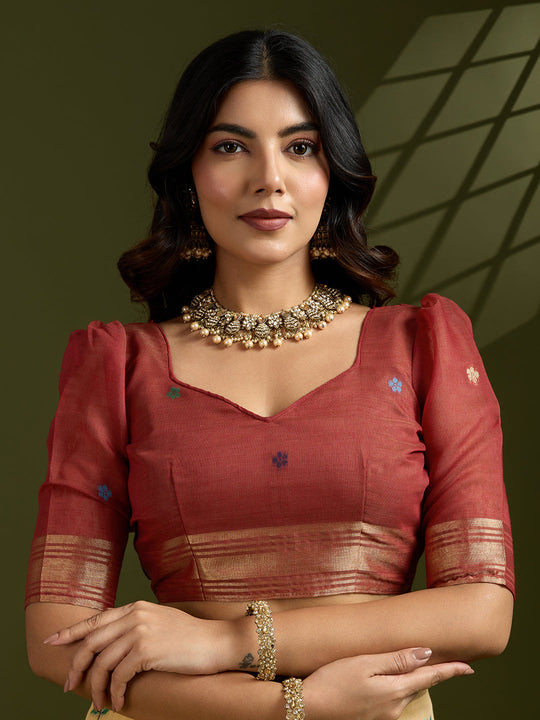 Muga Cotton Saree Featuring Beautiful Floral Thread Weaving