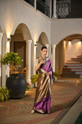 Purple Soft Khadi Raw Silk Saree With Traditional Hand Painted Madhu Bani Pallu And Zari Weaving Temple Border With Extraordinary Lotus Printed Blouse Piece