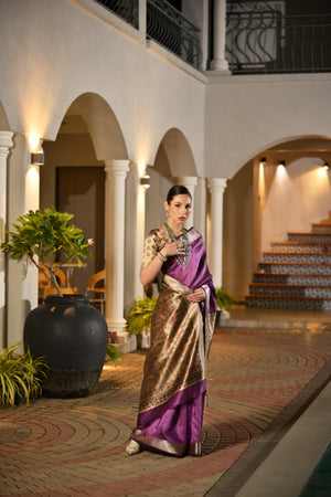 Purple Soft Khadi Raw Silk Saree With Traditional Hand Painted Madhu Bani Pallu And Zari Weaving Temple Border With Extraordinary Lotus Printed Blouse Piece