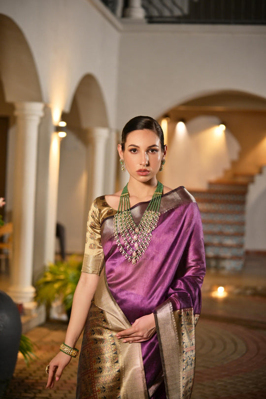 Purple Soft Khadi Raw Silk Saree With Traditional Hand Painted Madhu Bani Pallu And Zari Weaving Temple Border With Extraordinary Lotus Printed Blouse Piece
