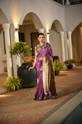 Purple Soft Khadi Raw Silk Saree With Traditional Hand Painted Madhu Bani Pallu And Zari Weaving Temple Border With Extraordinary Lotus Printed Blouse Piece