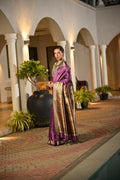 Purple Soft Khadi Raw Silk Saree With Traditional Hand Painted Madhu Bani Pallu And Zari Weaving Temple Border With Extraordinary Lotus Printed Blouse Piece