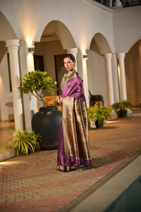 Purple Soft Khadi Raw Silk Saree With Traditional Hand Painted Madhu Bani Pallu And Zari Weaving Temple Border With Extraordinary Lotus Printed Blouse Piece