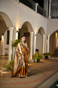 Mustard Soft Khadi Raw Silk Saree With Traditional Hand Painted Madhu Bani Pallu And Zari Weaving Temple Border With Extraordinary Lotus Printed Blouse Piece