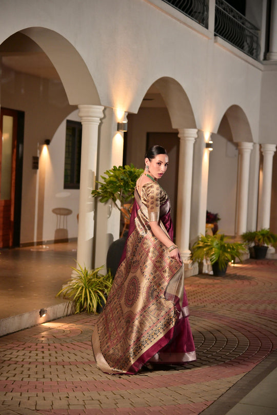 Maroon Soft Khadi Raw Silk Saree With Traditional Hand Painted Madhu Bani Pallu And Zari Weaving Temple Border With Extraordinary Lotus Printed Blouse Piece