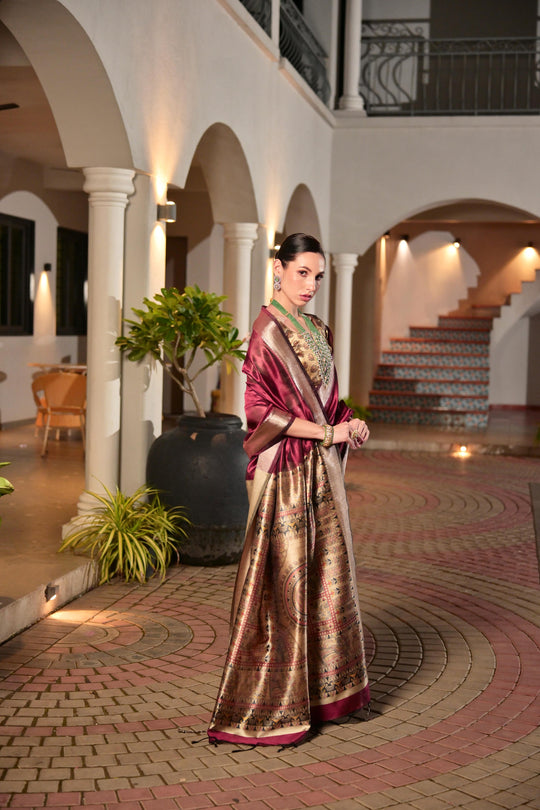 Maroon Soft Khadi Raw Silk Saree With Traditional Hand Painted Madhu Bani Pallu And Zari Weaving Temple Border With Extraordinary Lotus Printed Blouse Piece
