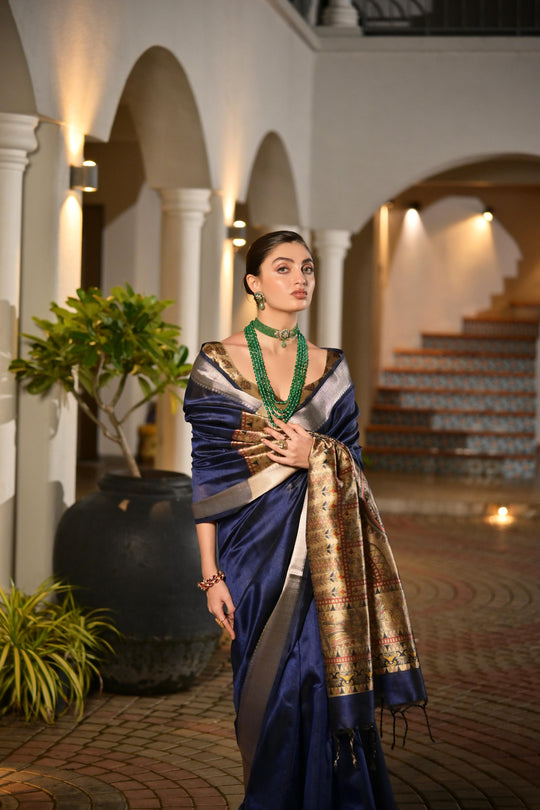 Blue Soft Khadi Raw Silk Saree With Traditional Hand Painted Madhu Bani Pallu And Zari Weaving Temple Border With Extraordinary Lotus Printed Blouse Piece