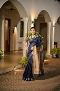 Blue Soft Khadi Raw Silk Saree With Traditional Hand Painted Madhu Bani Pallu And Zari Weaving Temple Border With Extraordinary Lotus Printed Blouse Piece