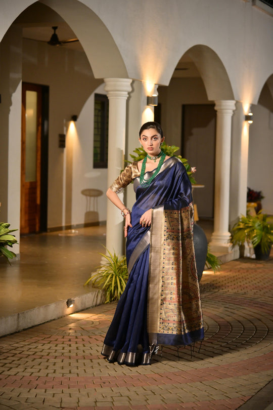 Blue Soft Khadi Raw Silk Saree With Traditional Hand Painted Madhu Bani Pallu And Zari Weaving Temple Border With Extraordinary Lotus Printed Blouse Piece