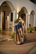 Blue Soft Khadi Raw Silk Saree With Traditional Hand Painted Madhu Bani Pallu And Zari Weaving Temple Border With Extraordinary Lotus Printed Blouse Piece