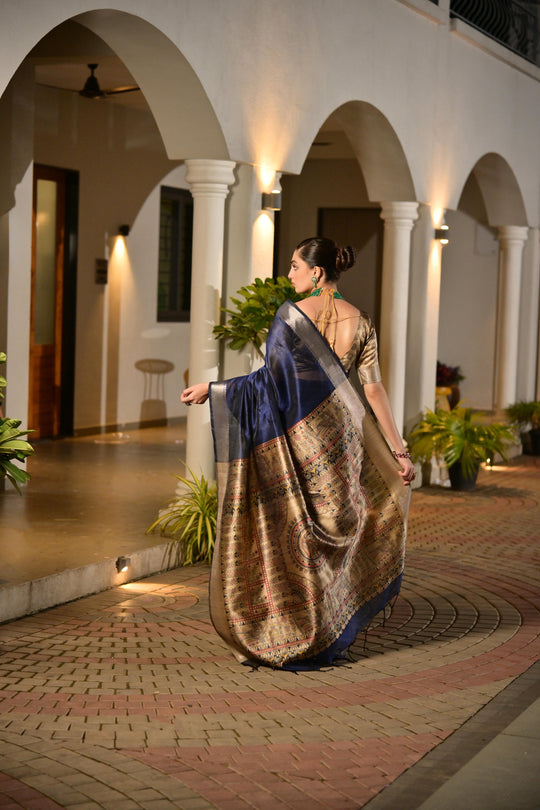 Blue Soft Khadi Raw Silk Saree With Traditional Hand Painted Madhu Bani Pallu And Zari Weaving Temple Border With Extraordinary Lotus Printed Blouse Piece