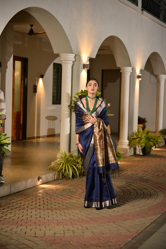 Blue Soft Khadi Raw Silk Saree With Traditional Hand Painted Madhu Bani Pallu And Zari Weaving Temple Border With Extraordinary Lotus Printed Blouse Piece