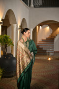 Dark Green Soft Khadi Raw Silk Saree With Traditional Hand Painted Madhu Bani Pallu And Zari Weaving Temple Border With Extraordinary Lotus Printed Blouse Piece