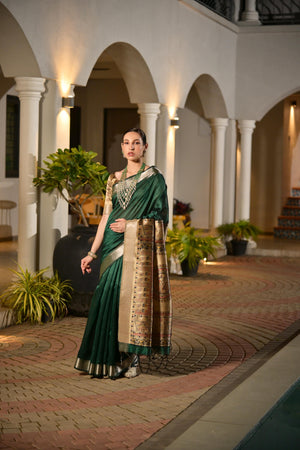 Dark Green Soft Khadi Raw Silk Saree With Traditional Hand Painted Madhu Bani Pallu And Zari Weaving Temple Border With Extraordinary Lotus Printed Blouse Piece