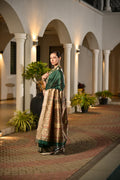 Dark Green Soft Khadi Raw Silk Saree With Traditional Hand Painted Madhu Bani Pallu And Zari Weaving Temple Border With Extraordinary Lotus Printed Blouse Piece
