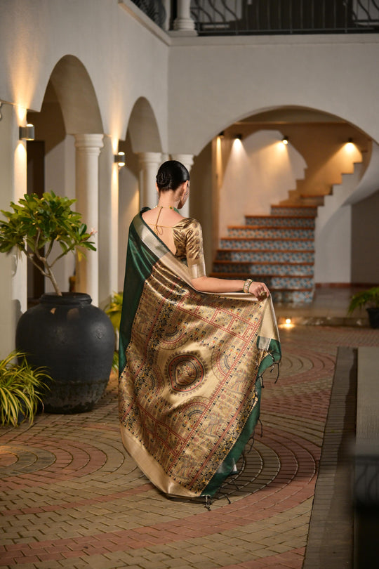 Dark Green Soft Khadi Raw Silk Saree With Traditional Hand Painted Madhu Bani Pallu And Zari Weaving Temple Border With Extraordinary Lotus Printed Blouse Piece
