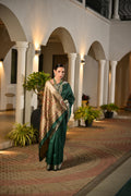Dark Green Soft Khadi Raw Silk Saree With Traditional Hand Painted Madhu Bani Pallu And Zari Weaving Temple Border With Extraordinary Lotus Printed Blouse Piece