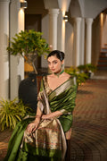 Green Soft Khadi Raw Silk Saree With Traditional Hand Painted Madhu Bani Pallu And Zari Weaving Temple Border With Extraordinary Lotus Printed Blouse Piece