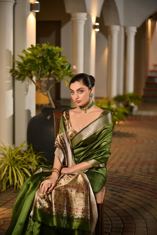 Green Soft Khadi Raw Silk Saree With Traditional Hand Painted Madhu Bani Pallu And Zari Weaving Temple Border With Extraordinary Lotus Printed Blouse Piece